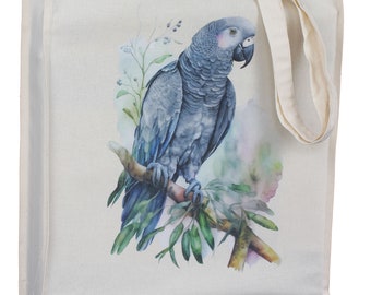 African Grey Design Cotton Shopping Tote Bag with Gusset and Long Handles