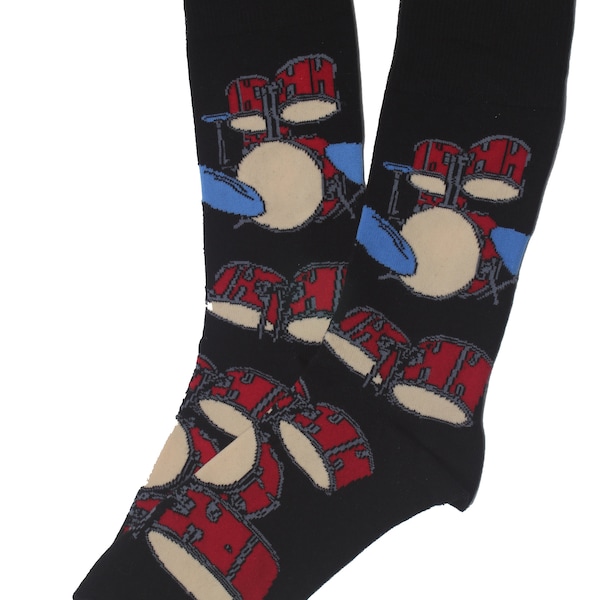 Quality Socks Accoustic Drum Kit Themed Mid Calf Socks on Black Unisex Perfect Gift