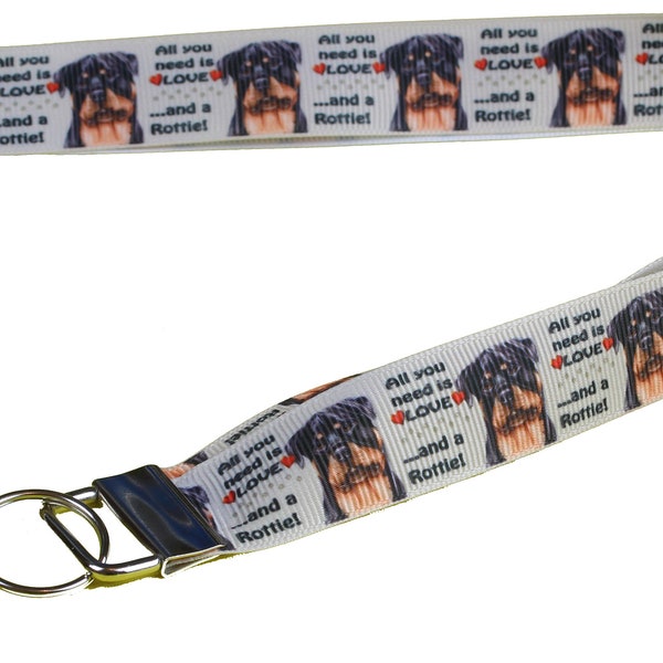Rottweiler Breed of Dog Lanyard Key Card Holder Perfect Gift with Wording 'All you need is love.....and a Rotti!