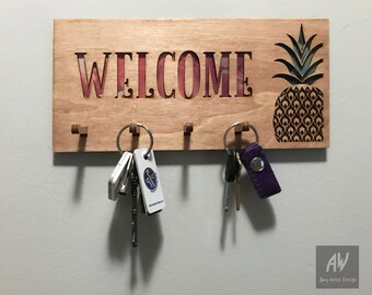 Welcome Sign Key Holder - Blue Laser Cut pineapple