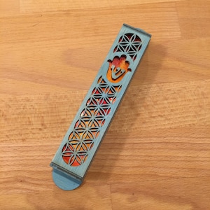 Light Blue Painted Wooden Hamsa Mezuzah - 1 inch