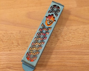 Light Blue Painted Wooden Hamsa Mezuzah - 1 inch