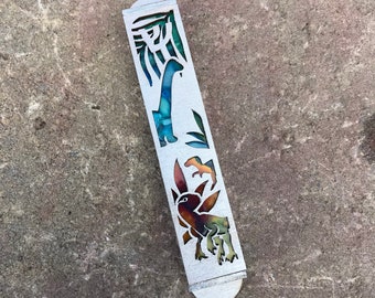 Silver Colored Wooden Dinosaur Mezuzah - 1 inch