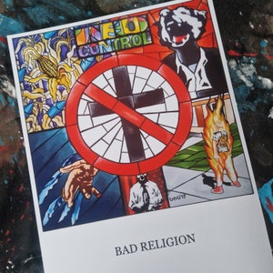 May include: A colourful stained glass style artwork featuring a red circle with a black cross and a diagonal red line through it. The text "NO CONTROL" is in the top left corner. The text "BAD RELIGION" is at the bottom of the image.