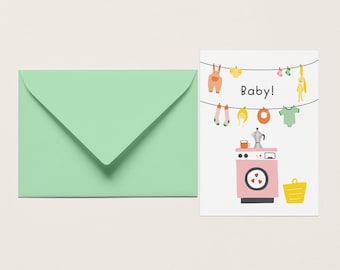 Baby, coffee & laundry | cheeky baby greeting card | wenskaart geboorte | quirky illustrations | gender neutral new born card