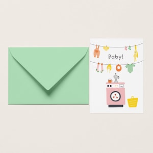 Bebé, café y lavandería | Tarjeta de felicitación de bebé descarado | tarjeta de felicitación de nacimiento | ilustraciones peculiares | Tarjeta de recién nacido de género neutro