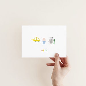 H E Y | freche Grußkarte | Grußkarte mit Buchstabentafel | skurrile und freche Illustrationen