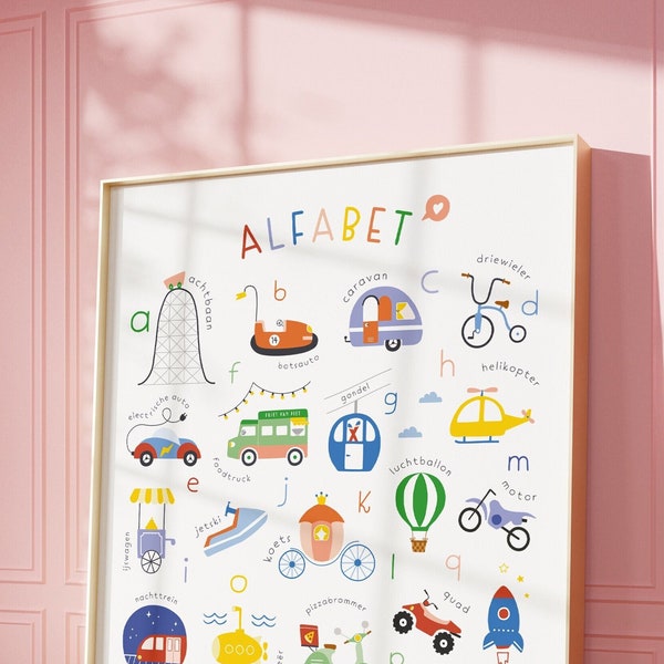 Transport Alphabet Print | Transportation Nursery Decor |  Kids Vehicle Poster | ABC voertuigen Nederlands | Colorful Playroom art