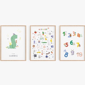3er-Set Drucke | ABC, Namensdruck & Zahlen | Lehrplakate | Anfangsbuchstabe | Bunte Kinderkunst | Spielzimmerdekoration | Geschenk