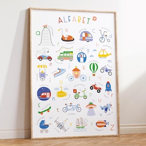 Stampa alfabeto trasporti | Decorazioni per la cameretta dei bambini a tema trasporti |  Poster del veicolo per bambini | Veicoli ABC Olandese | Arte colorata della sala giochi