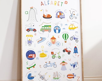 Transport Alphabet Print | Transportation Nursery Decor | Kids Vehicle Poster | ABC Vehicles Nederlands | Colorful Playroom art