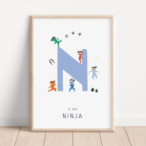 Letra N | Pôster N é para Ninja | estampa ninja bacana | Quarto infantil atrevido | Ninjas | Gênero Neutro | Arte para sala de jogos