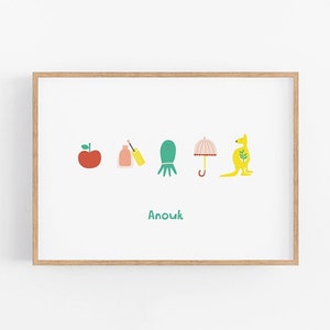Impresión de nombre en tablero de letras | Cartel personalizado | Guardería descarada y colorida | Carta personalizada de género neutro | Arte para sala de juegos | Letras del alfabeto