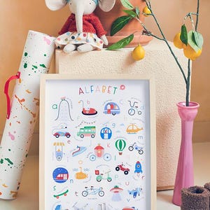 Poster met verschillende voertuigen, zoals treinen, schepen, motoren en vliegtuigen, perfect voor de kinderkamer. Helpt kinderen op een leuke manier de wereld van transport en het alfabet te ontdekken.