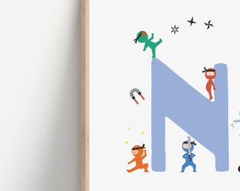 Letter N | N is for Ninja poster | cool ninja print | Cheeky kids room | Ninjas | Gender Neutral | Play room art