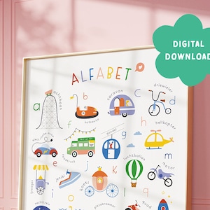 D I G I T A L | Alphabet-Poster Niederländischer Transport | ABC Niederländisch | Bunter Kinderkunstdruck | Fahrzeugdekoration | Bildungsdruck