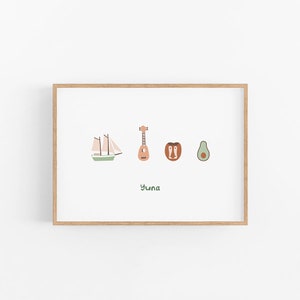 May include: A framed print with a sailboat, ukulele, avocado, and a lion's face. The name "Yuna" is written in green below the images.