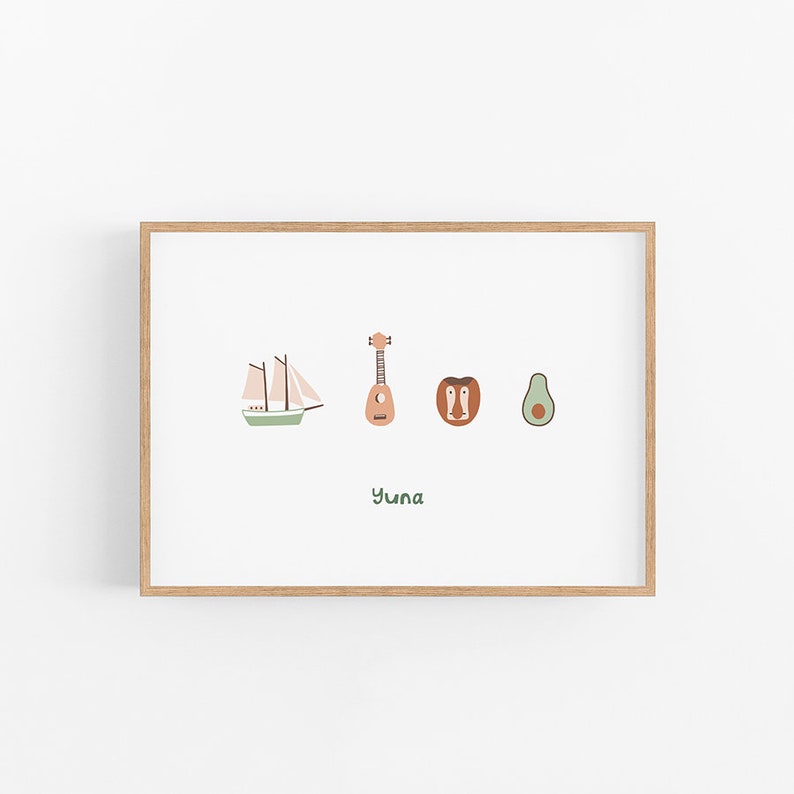 May include: A framed print with a sailboat, ukulele, avocado, and a lion's face. The name "Yuna" is written in green below the images.
