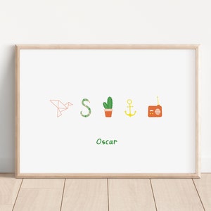 May include: A framed print with a white background and a light wood frame. The print features five colorful illustrations: a paper airplane, a snake, a cactus in a pot, an anchor, and a vintage radio. The text "Oscar" is printed below the illustrations.