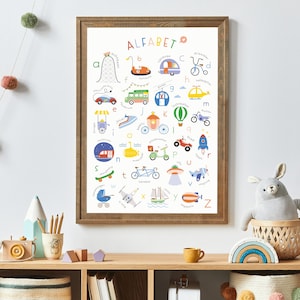 Leuke transport-poster voor kinderen, met verschillende voertuigen zoals een luchtballon, een koets, helikopters en meer. Deze kleurrijke print brengt de wereld van transport tot leven, perfect voor de kinderkamer of speelruimte.