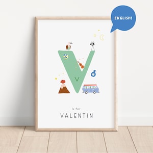 Lettera V | Nome del poster | Stampa personalizzata del nome | Decorazione della cameretta dei bambini | Iniziale personalizzata | Genere neutro | Arte della sala giochi