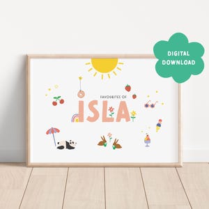 Op de afbeelding: Een ingelijste print met de tekst "Favourites of Isla" in roze, omringd door kleurrijke illustraties van een zon, kersen, een regenboog, een panda, konijnen en een ijsje. Een groene wolk zegt "DIGITAL DOWNLOAD".