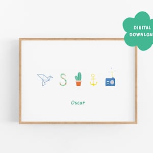 D I G I T A L | Impresión de nombre en tablero de letras | Cartel personalizado | Guardería descarada y colorida | Género neutro personalizado | Arte del alfabeto en la sala de juegos