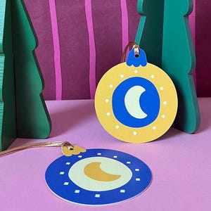 Palline di Natale a forma di luna | Biglietto d'auguri e piccolo regalo in 1 | Decorazione per albero di carta colorata | decorazioni floreali invernali |  Carta ornamentale