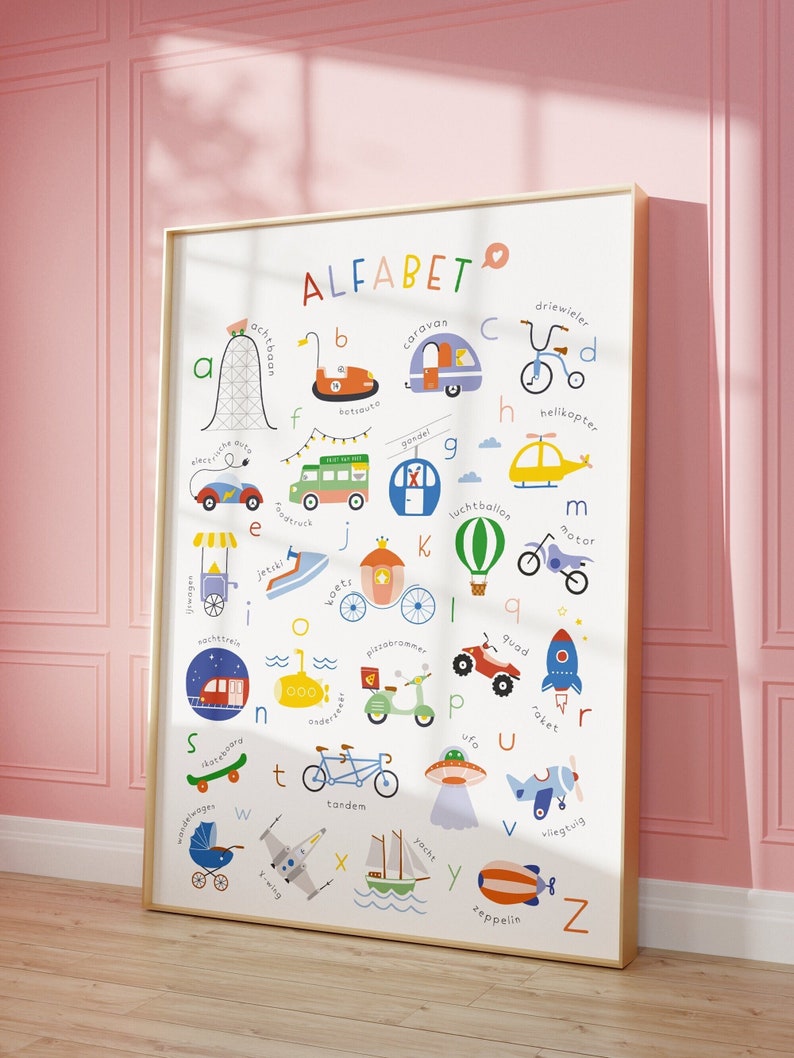 Nederlands Transport alfabet poster voor de kinderkamer of speelkamer
