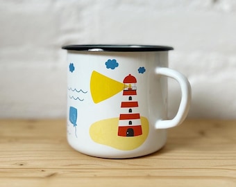 Enamel mug beach theme | camping cup | vintage travel gear | sea illustrations | kids mug enamel | campsite crockery