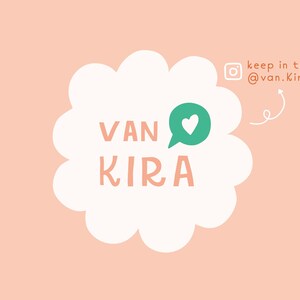 May include: White cloud with the text "VAN KIRA" in orange and a green speech bubble with a white heart. The text "keep in touch?! @van.kira" is in a white box with a small Instagram icon.