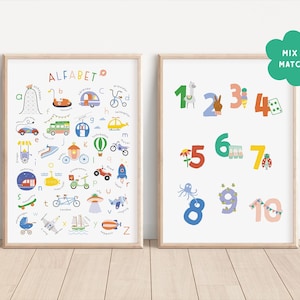 Poster met verschillende voertuigen, zoals treinen, schepen, motoren en vliegtuigen, perfect voor de kinderkamer. Helpt kinderen op een leuke manier de wereld van transport en het alfabet te ontdekken.