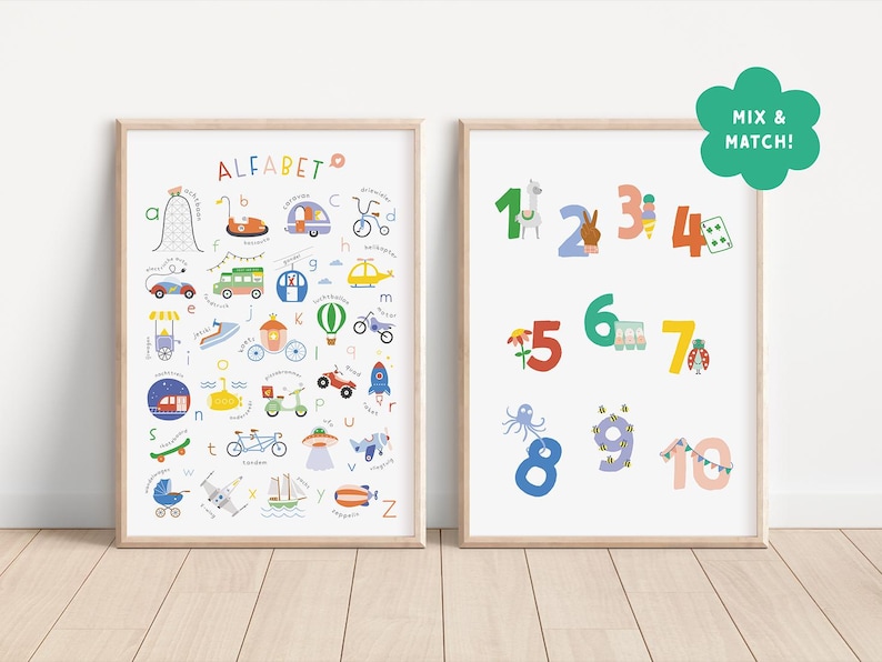 Poster met verschillende voertuigen, zoals treinen, schepen, motoren en vliegtuigen, perfect voor de kinderkamer. Helpt kinderen op een leuke manier de wereld van transport en het alfabet te ontdekken.