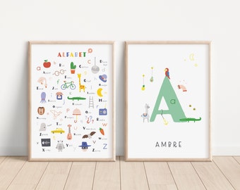 May include: Two framed prints, one with a colorful alphabet chart with illustrations and the word "ALFABET" and the other with a large green letter "A" with illustrations and the name "AMBRE" below.