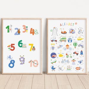Transportalphabet & Zahlen | 2er-Set | Lehrplakate | ABC Drucken und Zählen | bunte Kinderkunst | Spielzimmerdekoration | Zahlen