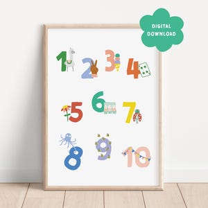 Op de afbeelding: Een kleurrijke, printbare poster met de nummers 1 tot en met 10 met illustraties van dieren, voorwerpen en activiteiten. De nummers zijn in een vet, speels lettertype en elk nummer is gekoppeld aan een uniek beeld. De poster is perfect voor een kinderkamer of klaslokaal.
