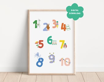 D I G I T A L | Colorful Number print | Poster numbers | Educational | Learn to count | Number | Practice numbers | Playroom Kid | Montessori