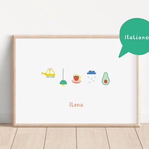 May include: A framed print with a white background and colorful illustrations of a helicopter, a lightbulb, a cup of coffee, a cloud with snowflakes, and an avocado. The text "Elena" is written in pink below the illustrations. The text "italiano!" is written in white on a green speech bubble in the top right corner.