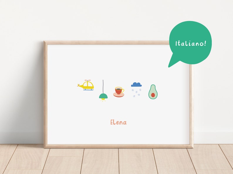 May include: A framed print with a white background and colorful illustrations of a helicopter, a lightbulb, a cup of coffee, a cloud with snowflakes, and an avocado. The text "Elena" is written in pink below the illustrations. The text "italiano!" is written in white on a green speech bubble in the top right corner.