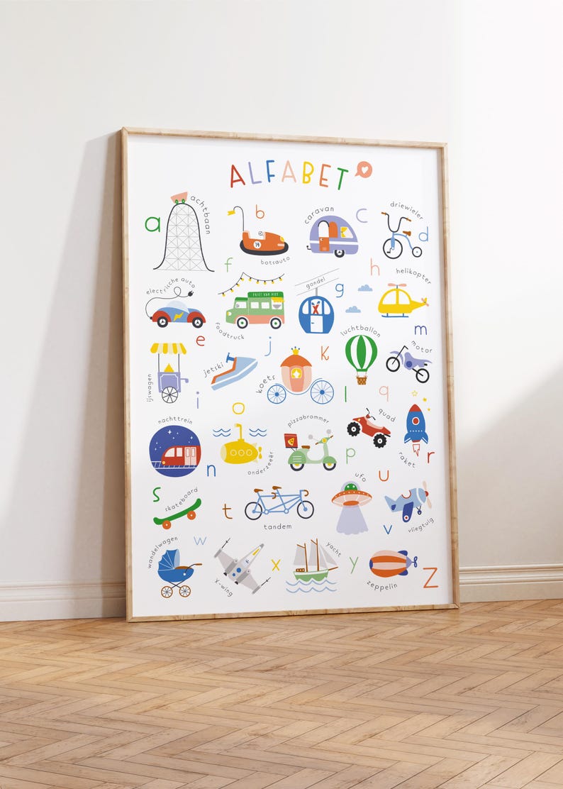 Educatieve voertuigenposter met verschillende transportmiddelen, ideaal voor jonge kinderen om het alfabet te leren. Van een elektrische auto tot een zeppelin, deze kleurrijke illustraties maken leren leuk en decoreren tegelijk.