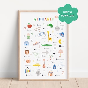 D I G I T A L | Alphabet poster German | ABC print Deutsch | Colorful Nursery art | Alphabet Art print | Kids Room decor | Educational print