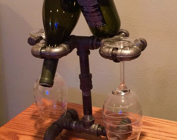 Wine Rack & Wine Glass Stand - Industrial Pipe, Holds 2 wine glasses/2 bottles of wine, PERFECT for Kitchen, Bar, Handmade Original Design