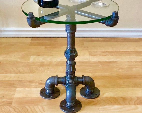 Industrial Pipe End Table with Tempered Glass Top