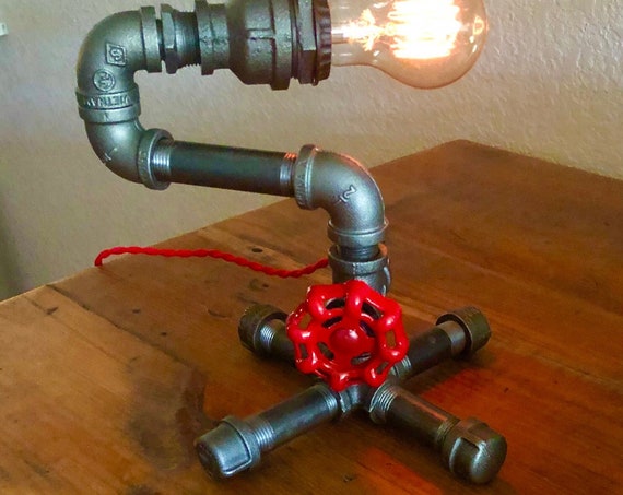 Handmade Industrial Pipe Lamp/Light, Desk Lamp with Antique Style Braided Red Dimmer Switch Cord -Great Christmas Gift Idea - Ready to SHIP!