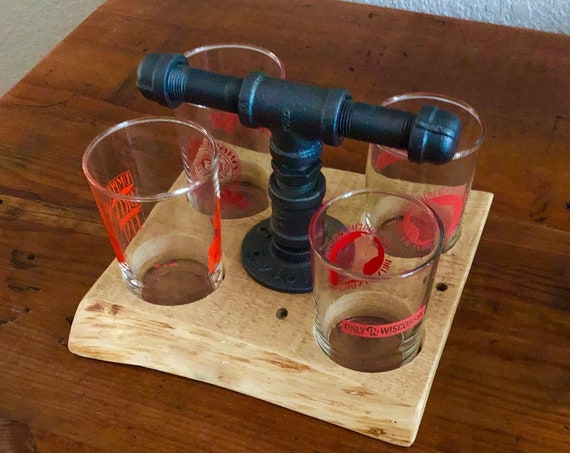 Beer Flight Holder/Carrier, Handmade with Industrial Pipe and Reclaimed Live Edge Wood, Holds 4 Beer Glasses