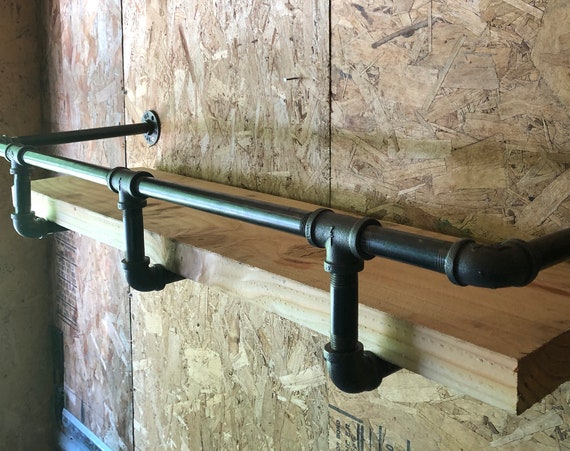 Black Pipe Shelf Bracket with Drink/Bar Safety Rail "DIY" Parts Kit