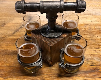 Beer Flight Tray for 4 Glasses - Handcrafted Industrial Pipe Rustic Beer Tasting Set for Home Bars & Beer Lovers