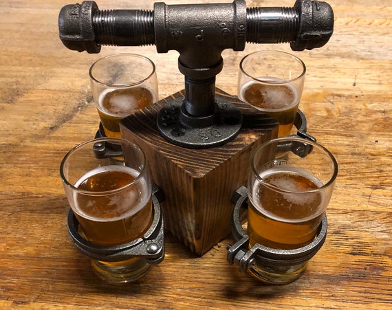 Beer Flight Holder/Carrier, Handmade with Industrial Pipe, Wood Base, Holds 4 Beer Glasses