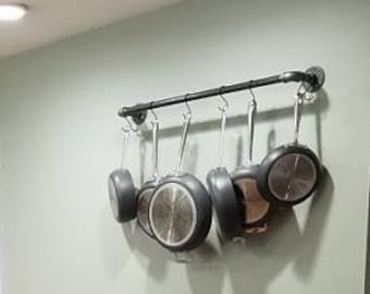 Industrial Pipe Kitchen Pan Rack, Wall Mount- "DIY" Kit, 10 - 5" Hooks Included - 24", 30", 36", 48" & 60" Lengths Available