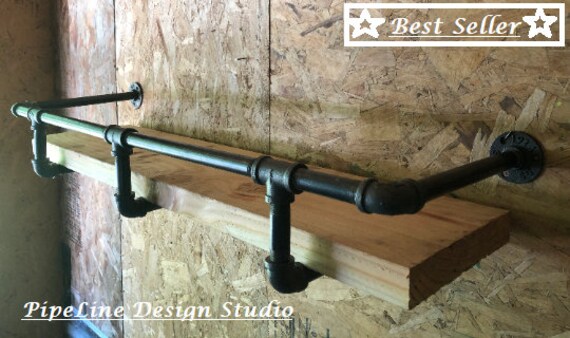 Industrial Pipe Shelf Bracket with Drink Rail<>Length Options<>30”, 36”, 40”, 44”, 48”, 54”, 60”, 72”, 84”, 96”<>Depth Options -6" up to 18"